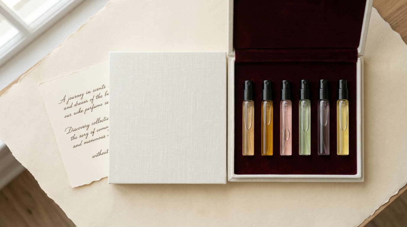 The Limerence discovery set: six sample vials in an ivory box lined with oxblood velvet