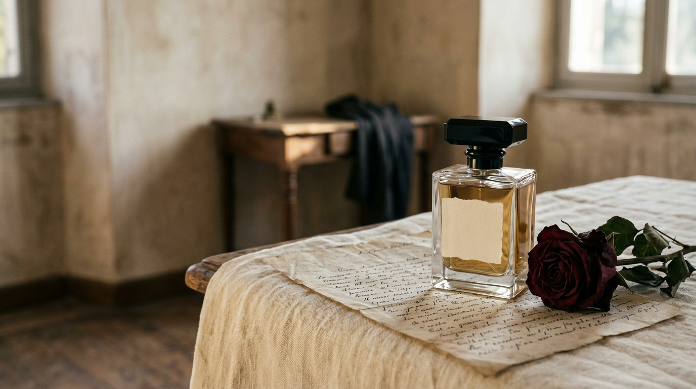 A Limerence Parfums flacon resting on a handwritten love letter beside a deep red rose